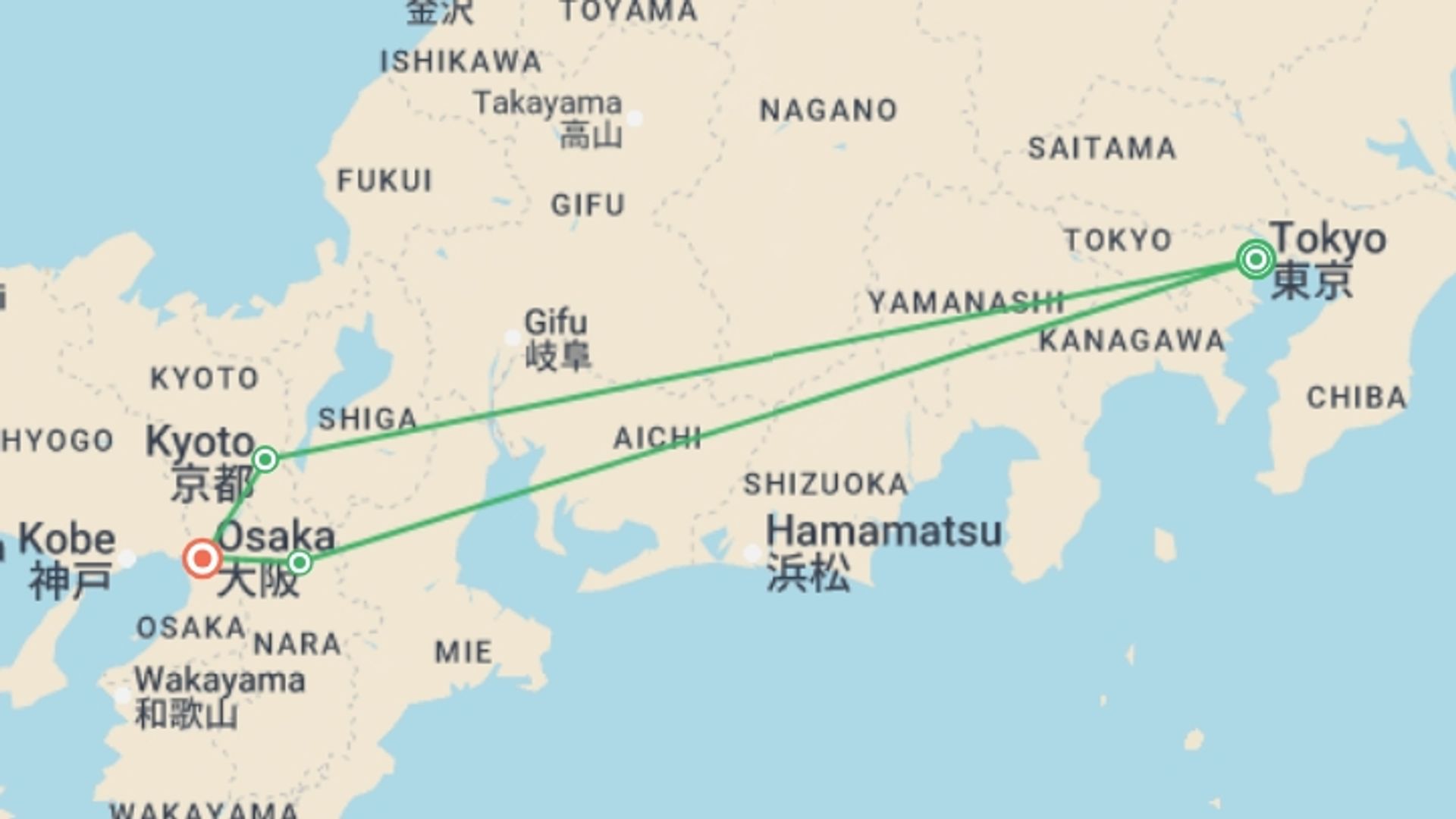 A map showing the tour itinerary for the trip: Tokyo, Kyoto and Osaka, starting in Tokyo, Japan and ending in Osaka, Japan going through 1 other destinations.