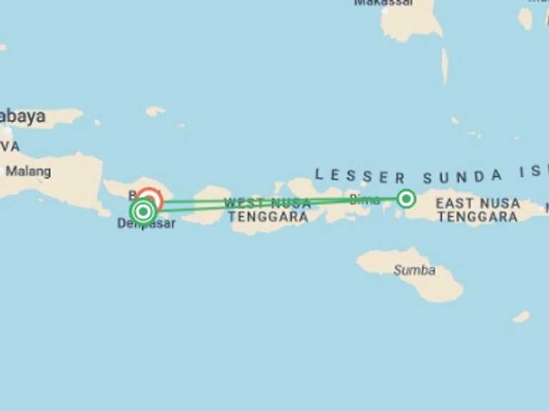 Map itinerary of Indonesia Tour in July 2027 with 3 destination visits for the trip: Classic Bali & Komodo Island