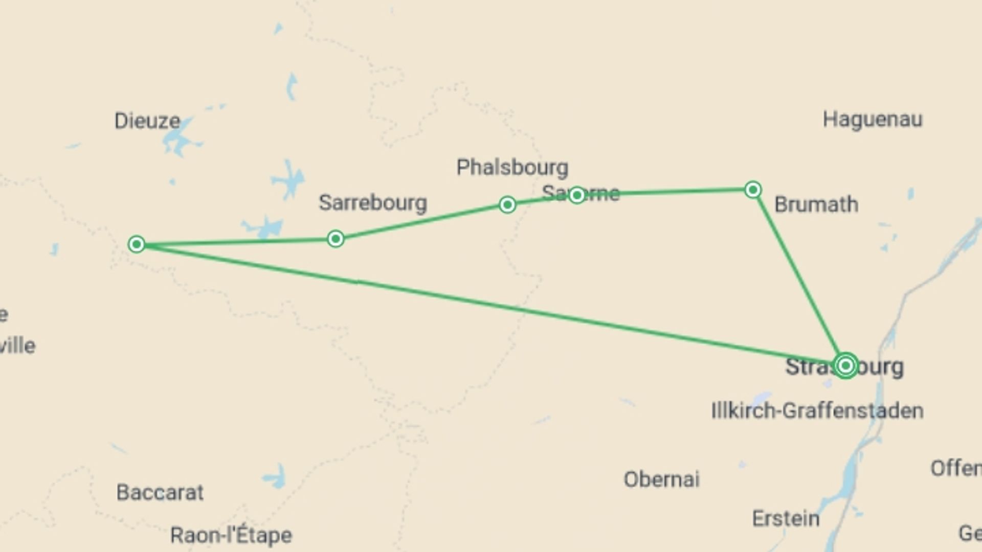 A map showing the tour itinerary for the trip: A Charming Cruise through Alsace and Lorraine along the Marne-Rhine Canal (port-to-port cruise), starting in Strasbourg, France and ending in Strasbourg, France going through 6 other destinations.