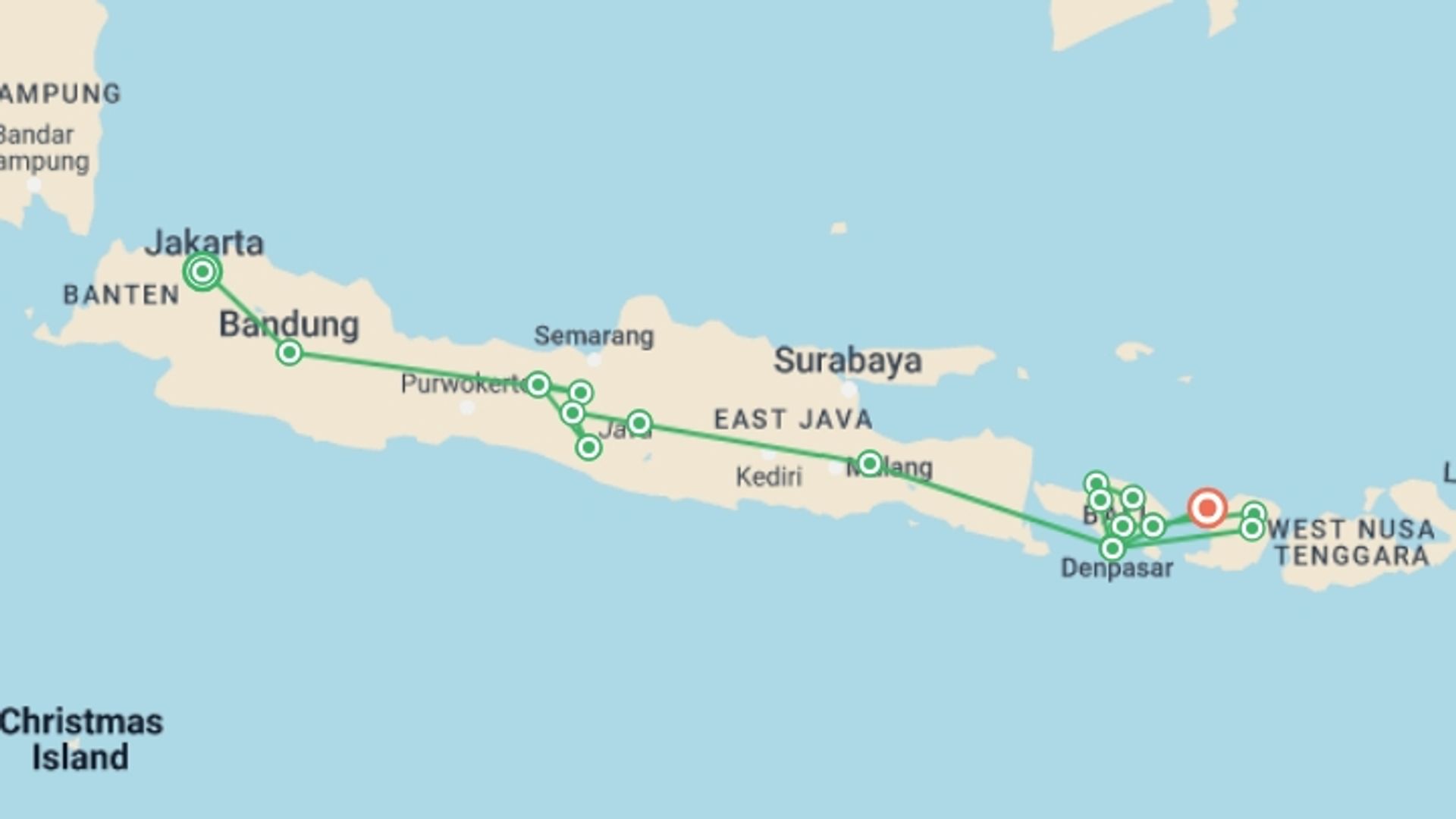 A map showing the tour itinerary for the trip: Indonesia: Jakarta, Bali & Lombok, starting in Jakarta, Indonesia and ending in Gili Trawangan, Indonesia going through 16 other destinations.