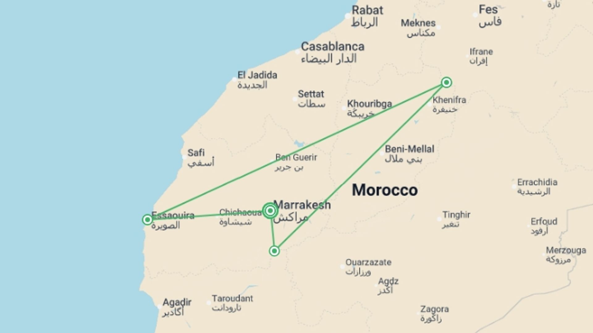 A map showing the tour itinerary for the trip: Morocco Family Holiday, starting in Marrakech, Morocco and ending in Marrakech, Morocco going through 3 other destinations.