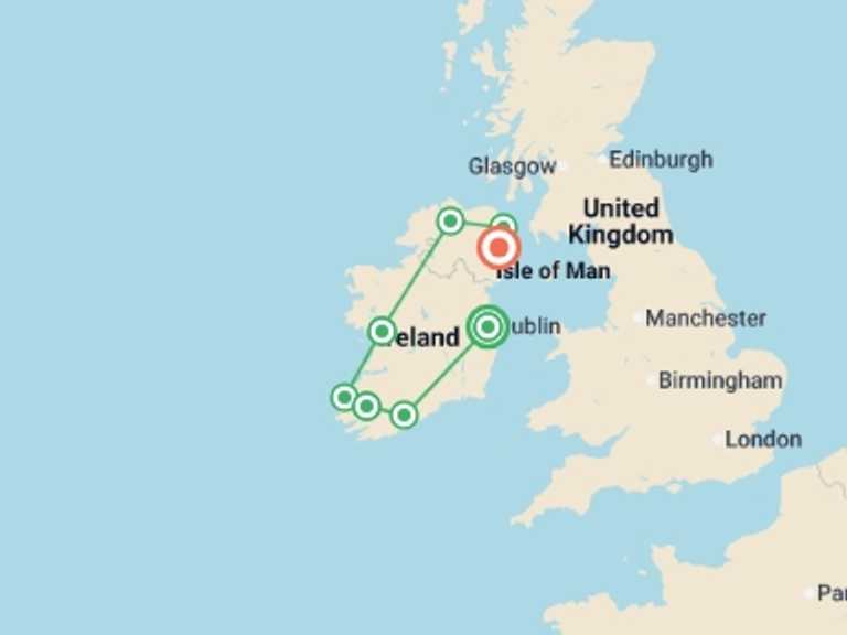 Map of Ireland Tour with 8 destination visits for the trip: Country Roads of Ireland - Premium