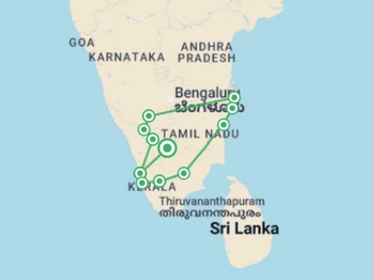 Map of South Asia Wildlife safaris and game drives Tour with 10 destination visits for the trip: Southern India