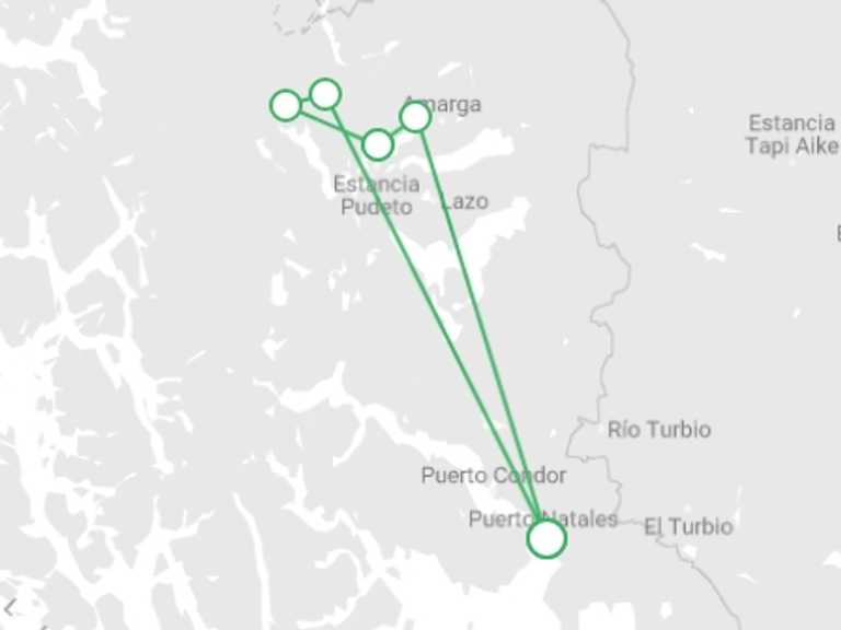 Map itinerary of Puerto Natales Tour in January 2026 with 6 destination visits for the trip: Torres del Paine Guided O Trek 8D/7N