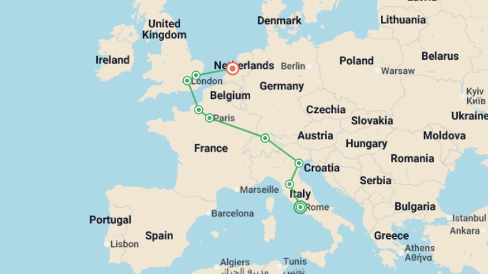 A map showing the tour itinerary for the trip: The Great Adventure GO, starting in Rome, Italy and ending in Amsterdam, Holland going through 7 other destinations.