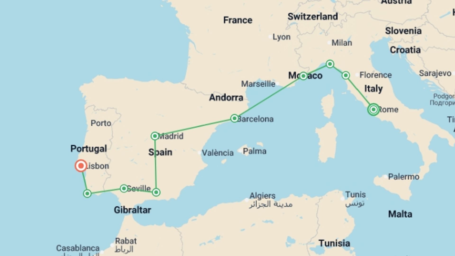 A map showing the tour itinerary for the trip: Rome to Lisbon: Coasts & Countryside, starting in Rome, Italy and ending in Lisbon, Portugal going through 7 other destinations.