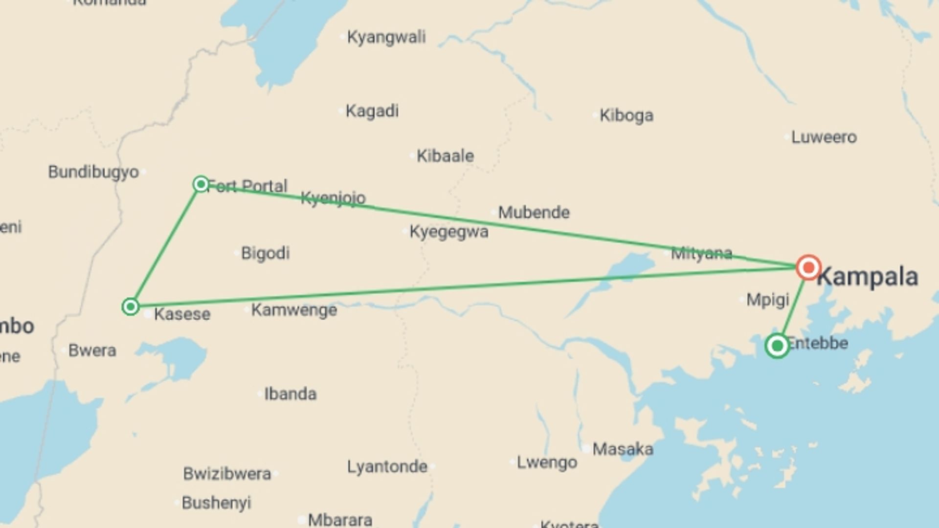 A map showing the tour itinerary for the trip: Mountains of the Moon, starting in Entebbe, Uganda and ending in Kampala, Uganda going through 2 other destinations.