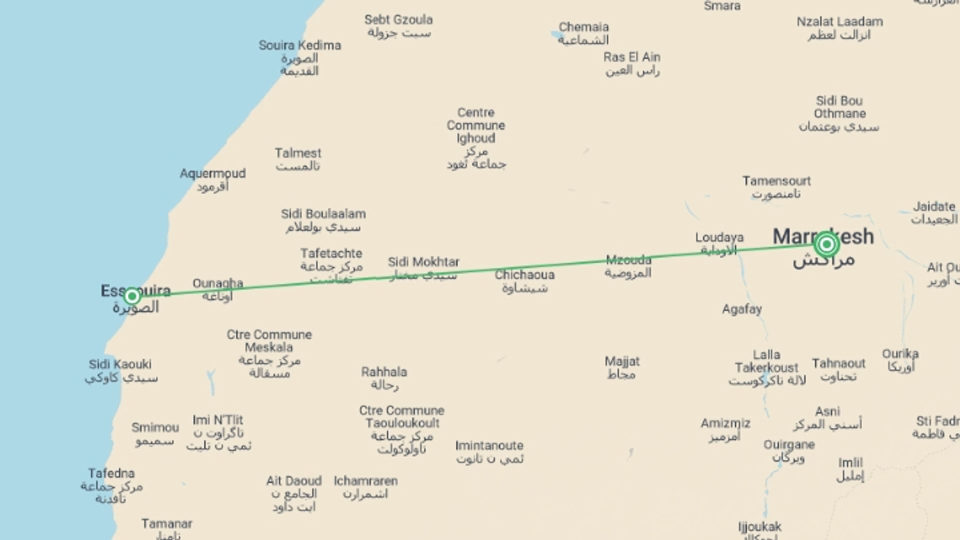 A map showing the tour itinerary for the trip: Essaouira Escape 4D/3N, starting in Marrakech, Morocco and ending in Marrakech, Morocco going through 1 other destinations.