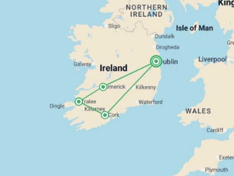 Map itinerary of Europe Tour in April 2027 with 4 destination visits for the trip: Treasures of Ireland