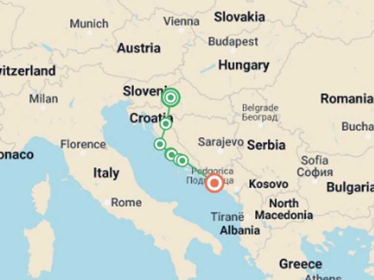 Map of 8-Day Zagreb Tour with 6 destination visits for the trip: Upgraded - Highlights of Croatia