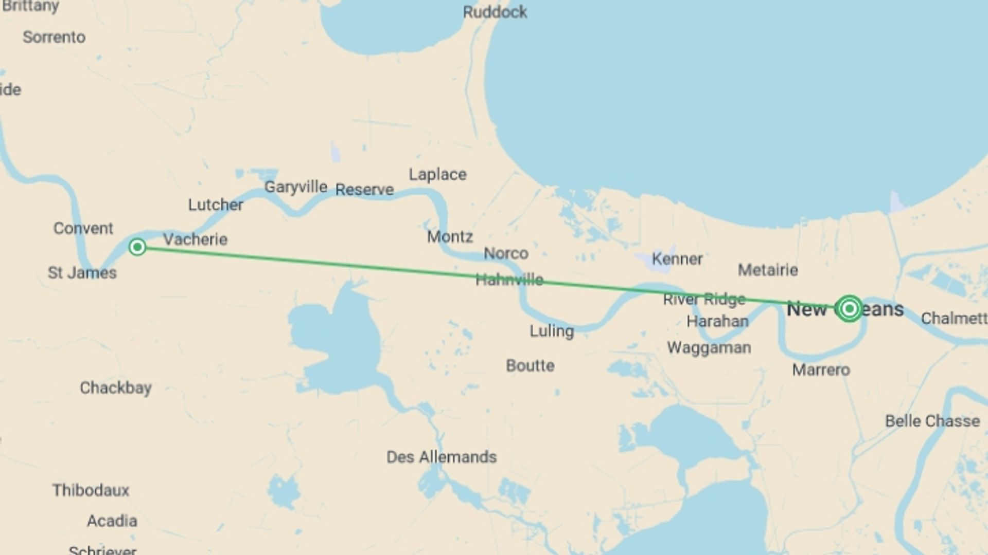 A map showing the tour itinerary for the trip: Best of New Orleans & Louisiana - 4 days, starting in New Orleans, USA and ending in New Orleans, USA going through 1 other destinations.