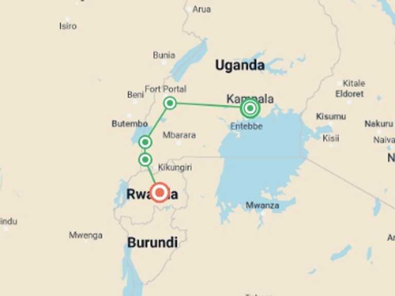 Map of Kampala Wildlife Tour with 5 destination visits for the trip: Uganda to Rwanda: Gorilla Treks & Safari Drives