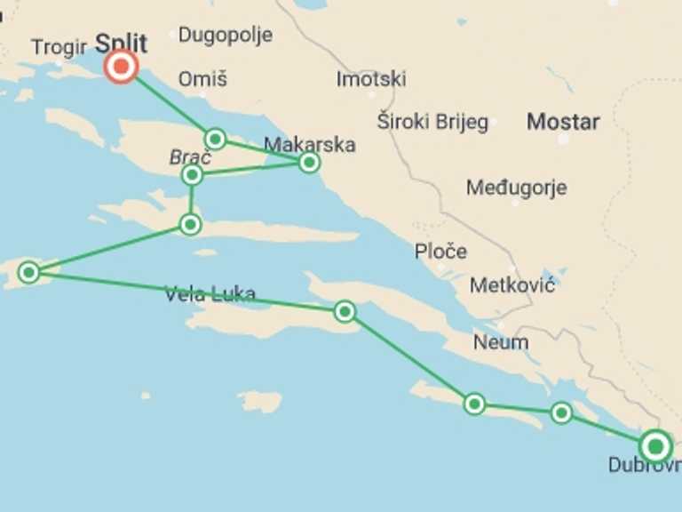 Map of Split Cruise Tour with 8 destination visits for the trip: Adriatic Southern Pearl Cruise from Dubrovnik