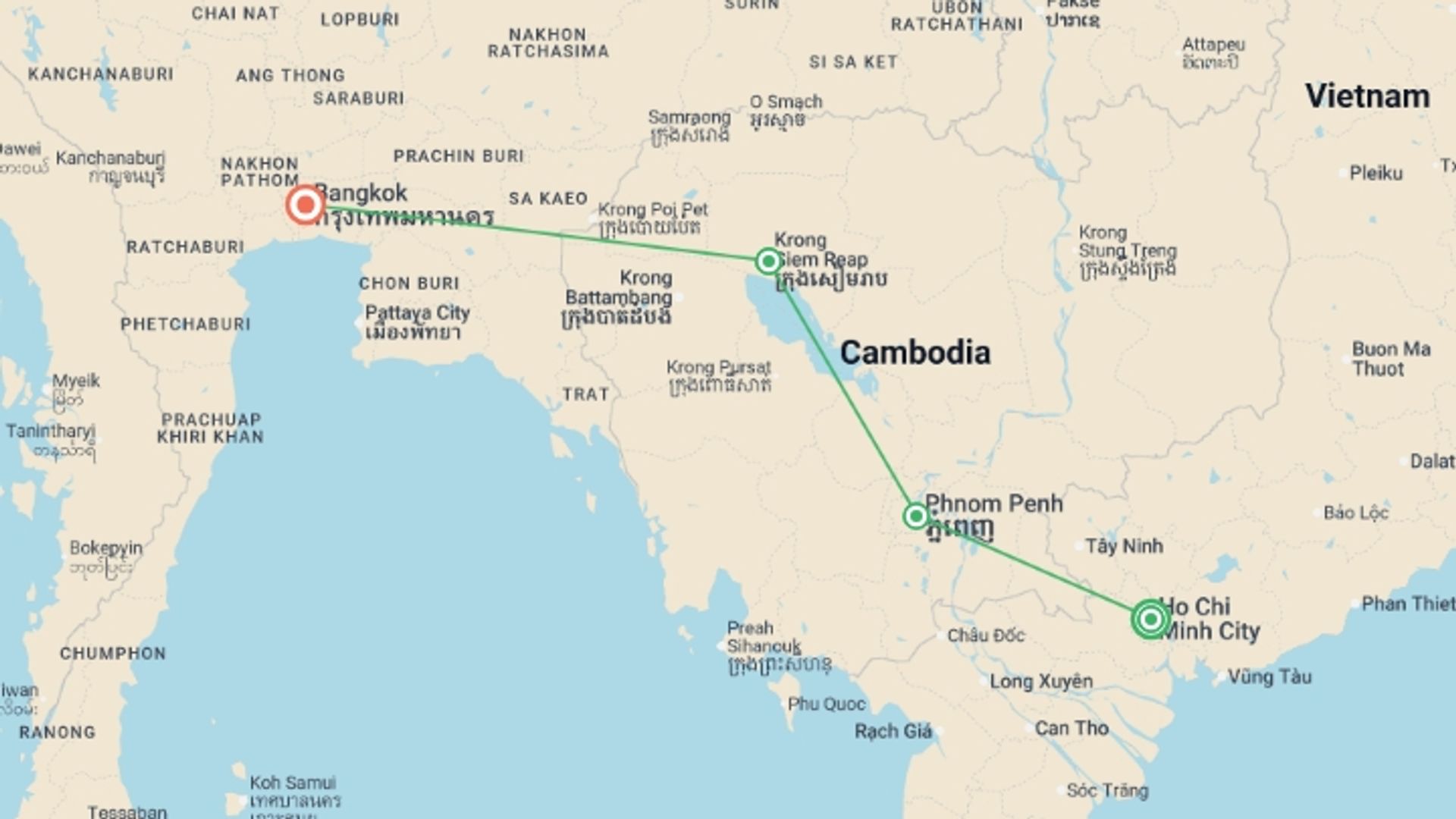 A map showing the tour itinerary for the trip: Saigon to Bangkok - 10 days, starting in Ho Chi Minh City, Vietnam and ending in Bangkok, Thailand going through 2 other destinations.