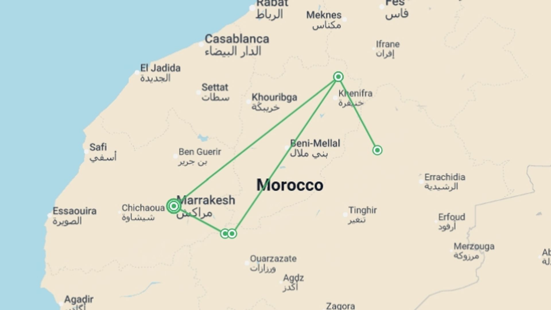 A map showing the tour itinerary for the trip: Hike Morocco's Atlas Mountains, starting in Marrakech, Morocco and ending in Marrakech, Morocco going through 1 other destinations.