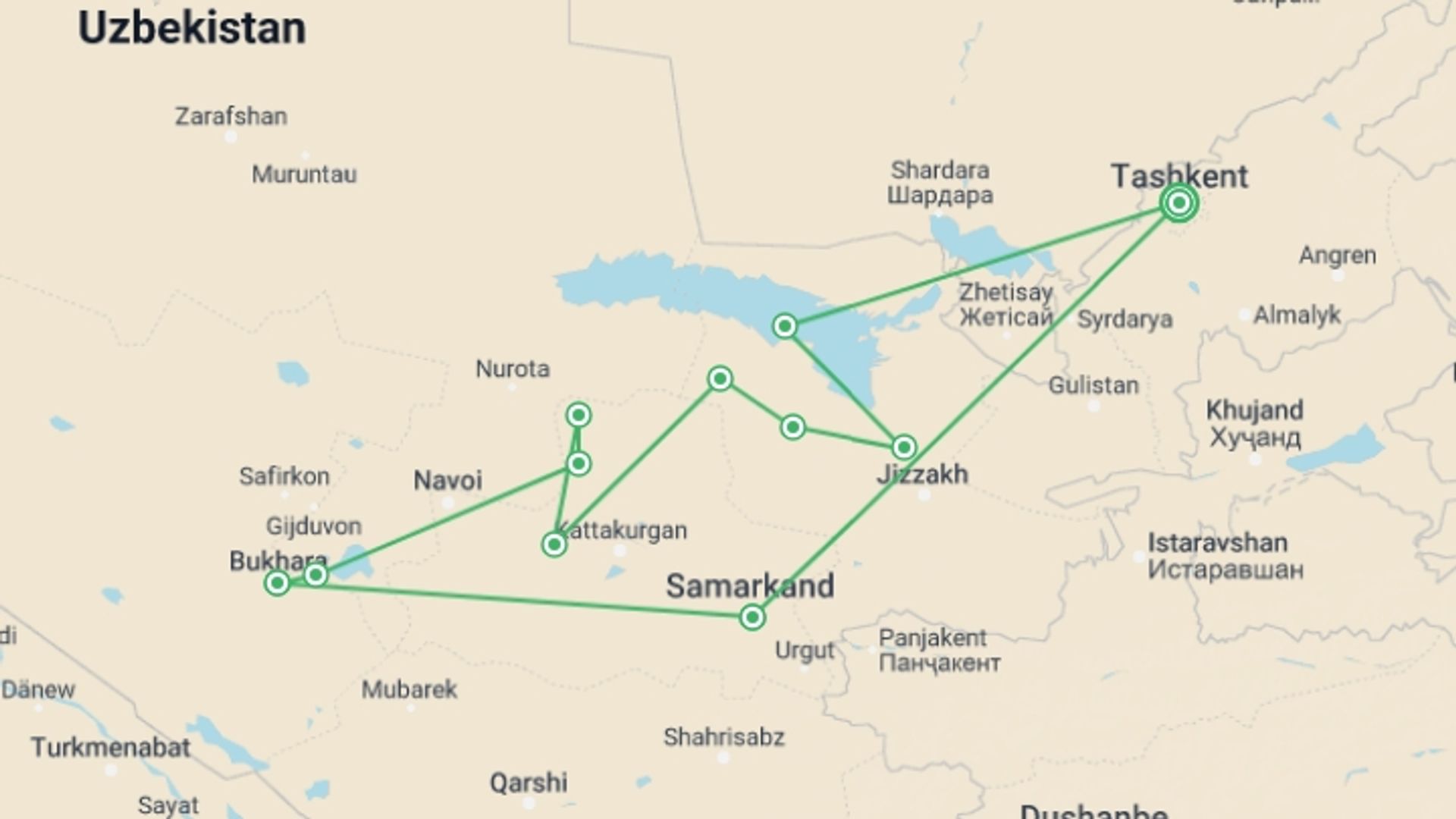 A map showing the tour itinerary for the trip: Uzbekistan by Bike, starting in Tashkent, Uzbekistan and ending in Tashkent, Uzbekistan going through 10 other destinations.
