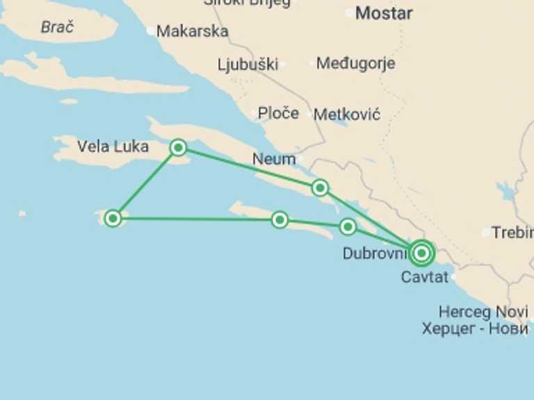 Map itinerary of Mediterranean Tour in July 2026 with 7 destination visits for the trip: Sail Croatia on a Catamaran Cruise