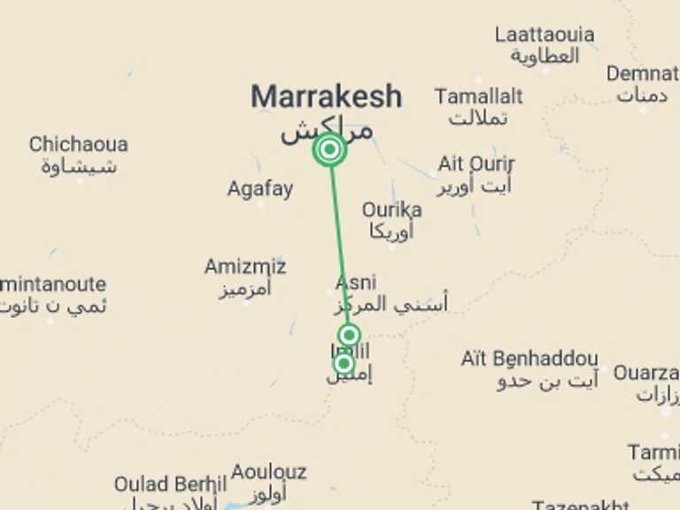 Map itinerary of Marrakech Tour in April 2027 with 3 destination visits for the trip: Mount Toubkal Weekend Trek
