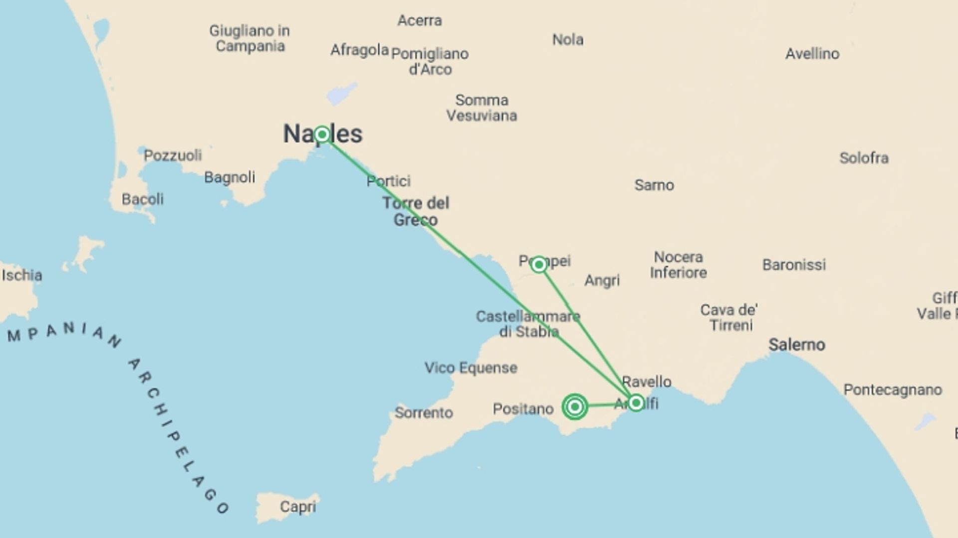 A map showing the tour itinerary for the trip: Walking the Amalfi Coast, starting in Bomerano, Italy and ending in Bomerano, Italy going through 4 other destinations.