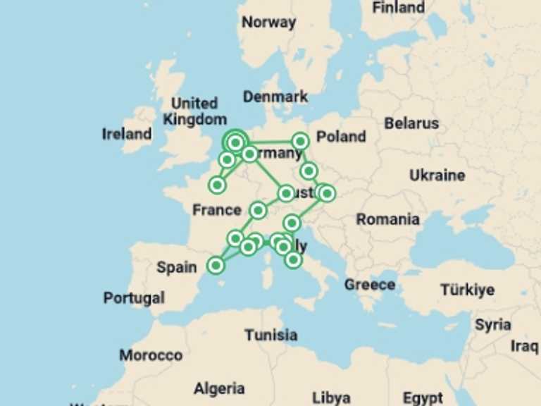 Map itinerary of Paris Tour in May 2026 with 16 destination visits for the trip: Ultimate Europe