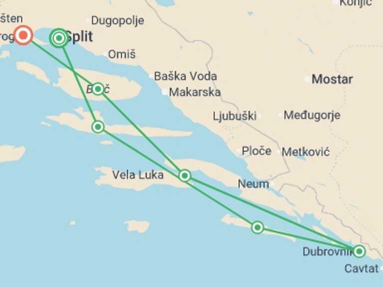 Map of Split Active and outdoor Tour with 7 destination visits for the trip: Dalmatian Highlights Split And Dubrovnik Region Cruise (deluxe Boat Category)