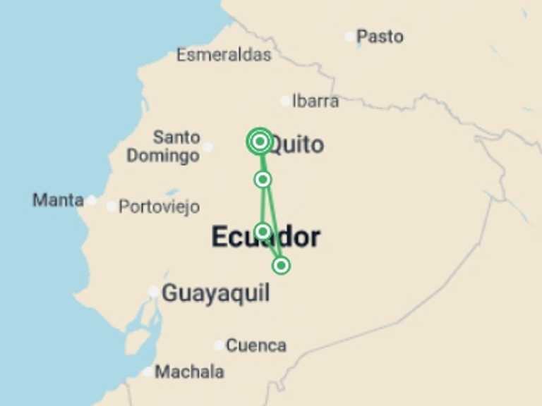 Map itinerary of South America Tour in May 2027 with 4 destination visits for the trip: Premium Ecuador