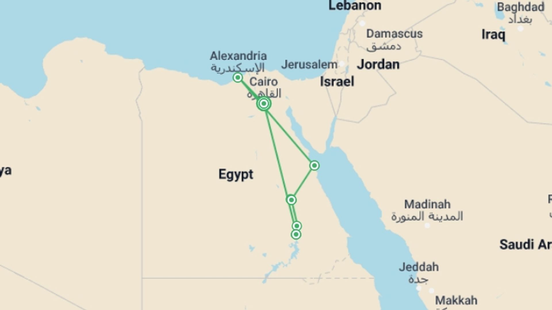 A map showing the tour itinerary for the trip: Highlights of Egypt, starting in Cairo, Egypt and ending in Cairo, Egypt going through 5 other destinations.
