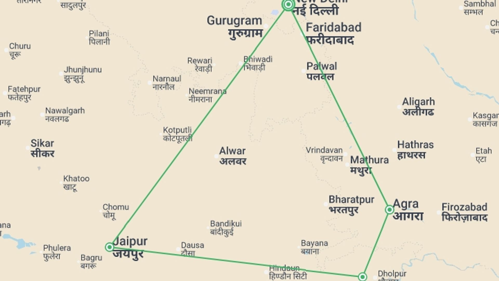 A map showing the tour itinerary for the trip: Best of Delhi, Agra & Jaipur - 7 days, starting in New Delhi, India and ending in New Delhi, India going through 3 other destinations.