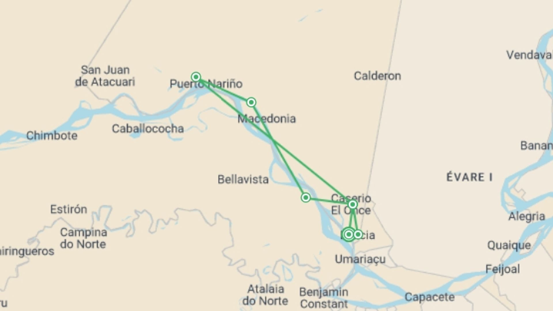 A map showing the tour itinerary for the trip: Explore The Colombian Amazon, starting in Leticia, Colombia and ending in Leticia, Colombia going through 5 other destinations.