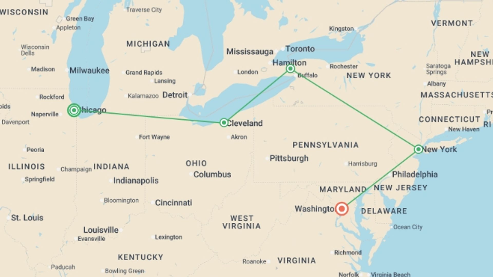 A map showing the tour itinerary for the trip: Chicago, Niagara and New York end Washington, starting in Chicago, USA and ending in Washington D.C., USA going through 3 other destinations.