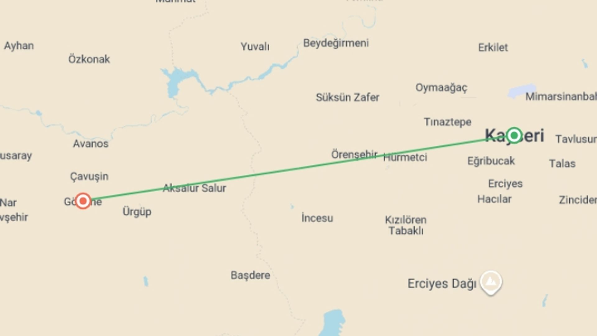 A map showing the tour itinerary for the trip: Enchanting Cappadocia Experience! 4 Days Cave Hotel & Opt Balloon, starting in Kayseri, Turkey and ending in Kayseri, Turkey going through 1 other destinations.