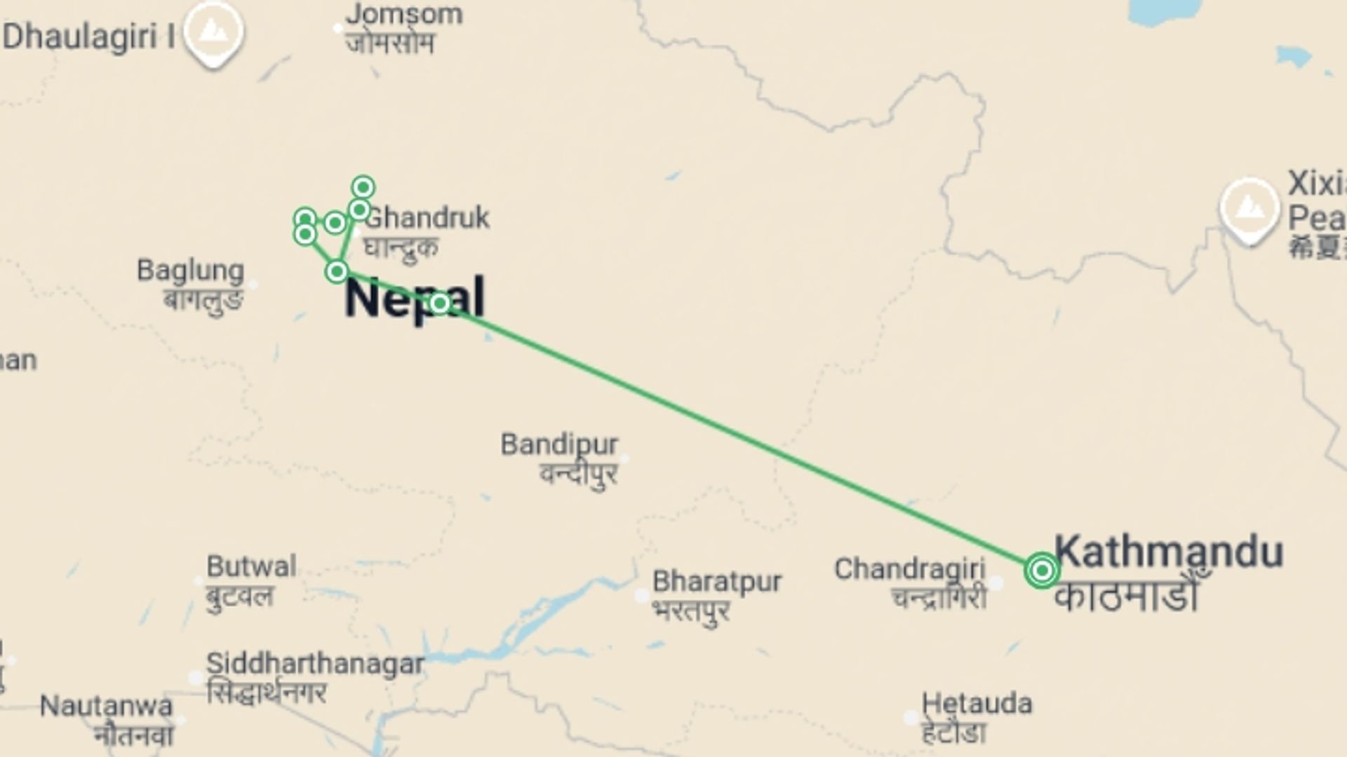 A map showing the tour itinerary for the trip: Annapurna Poon Hill Trek - 9 days, starting in Kathmandu, Nepal and ending in Kathmandu, Nepal going through 6 other destinations.