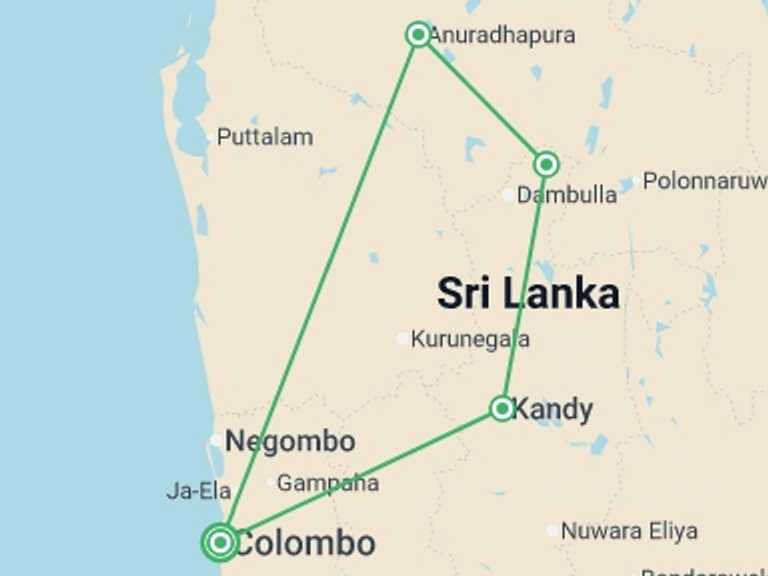 Map itinerary of Asia Tour in June 2026 with 4 destination visits for the trip: Anuradhapura, Sigiriya & Kandy - 9 days