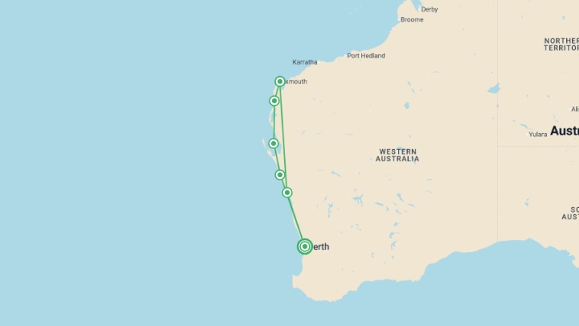 A map showing the tour itinerary for the trip: Best of Western Australia’s North Coast - 7 days, starting in Perth, Australia and ending in Perth, Australia going through 5 other destinations.