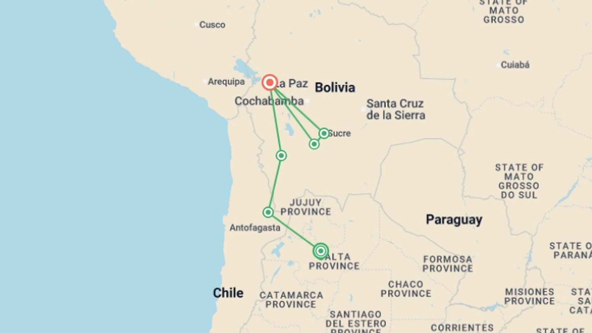A map showing the tour itinerary for the trip: Salta to La Paz Travel Pass, starting in Salta, Argentina and ending in La Paz, Bolivia going through 4 other destinations.