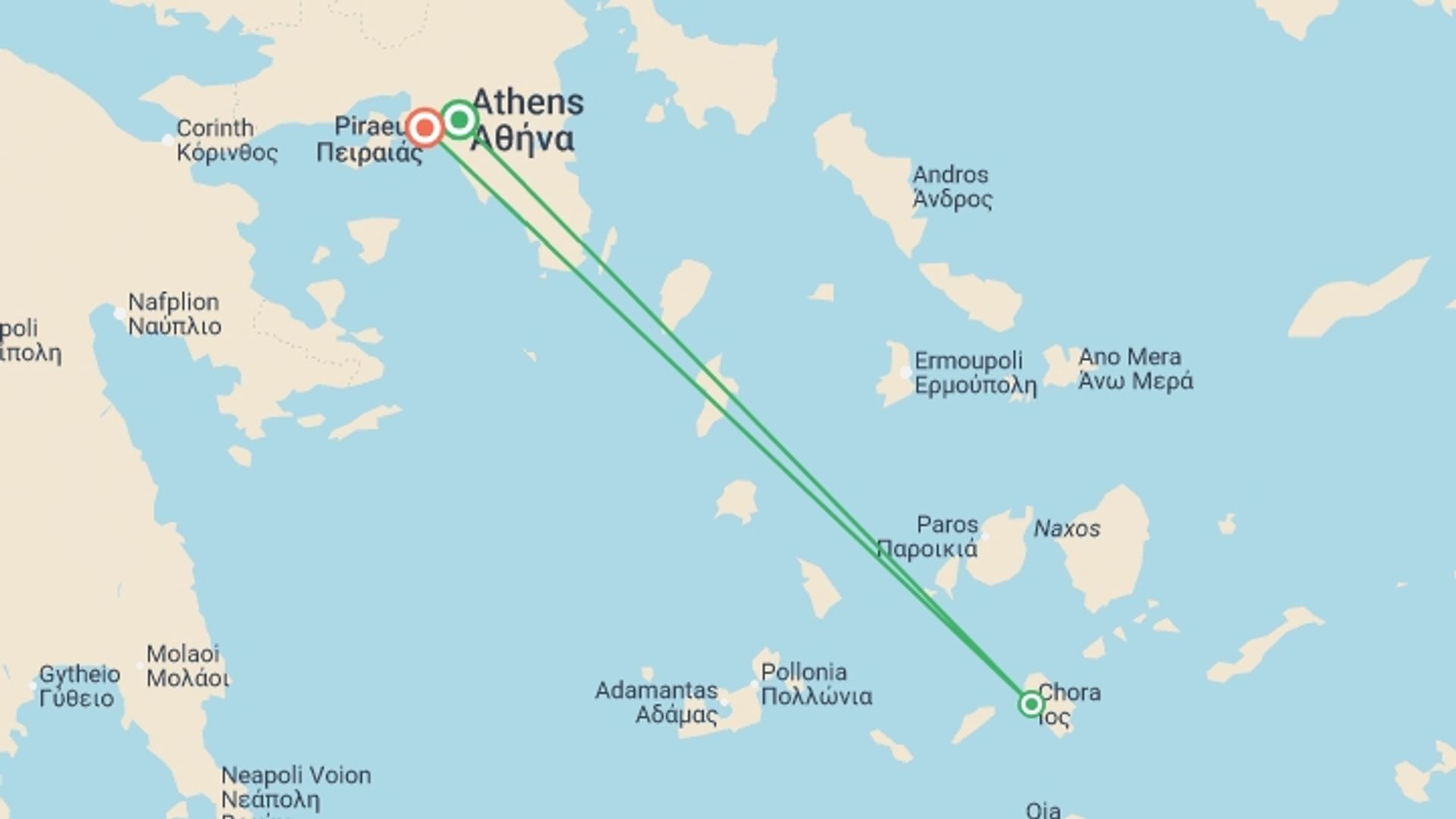 A map showing the tour itinerary for the trip: Ios Experience 4D/3N, starting in Athens, Greece and ending in Piraeus, Greece going through 1 other destinations.