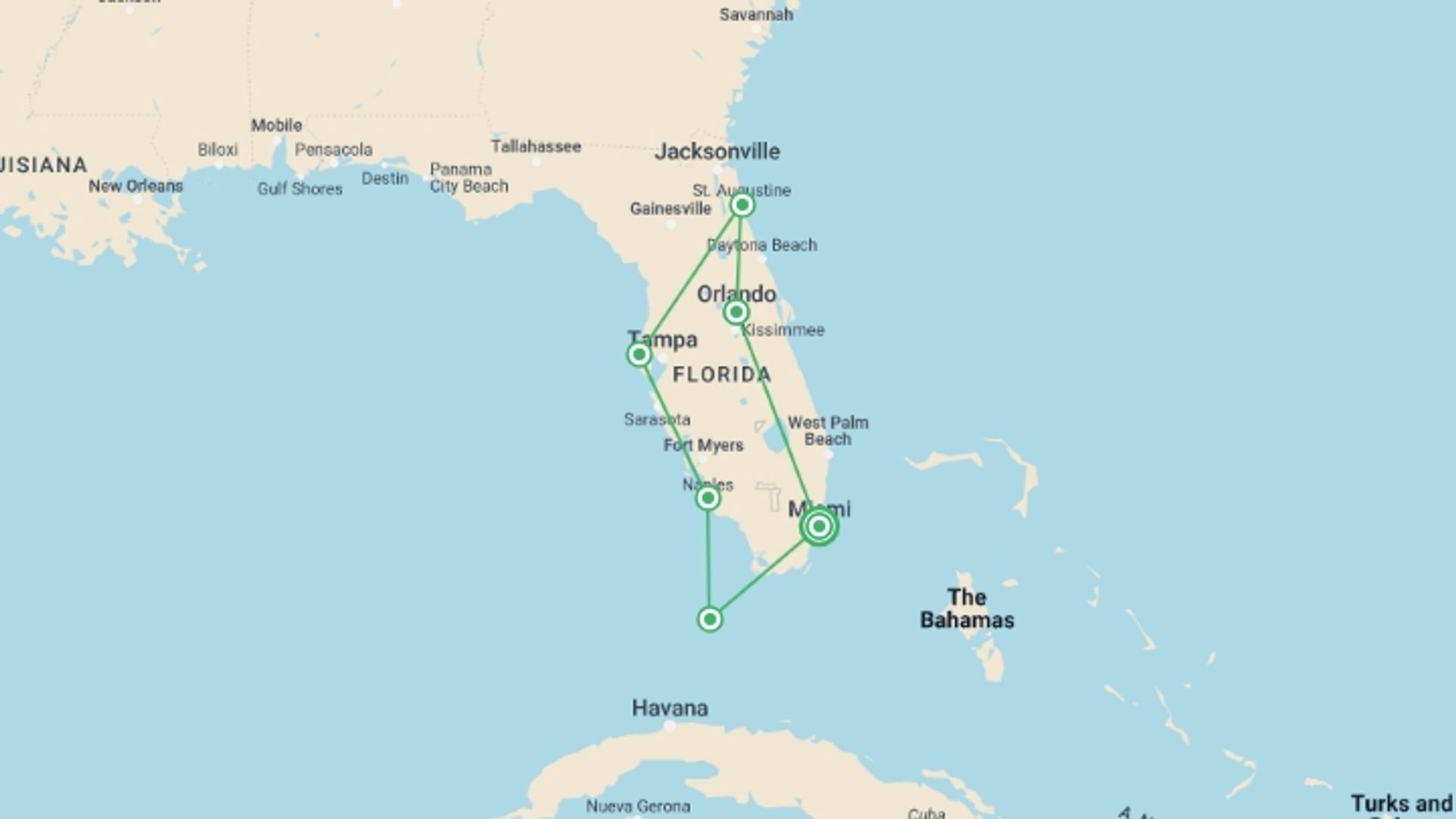 A map showing the tour itinerary for the trip: Florida Sunshine: From Miami to Key West, starting in Miami, USA and ending in Miami, USA going through 5 other destinations.
