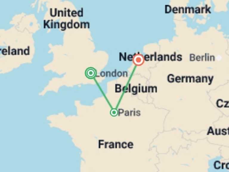 Map of Europe City sightseeing Tour with 3 destination visits for the trip: London Paris and Amsterdam by Rail