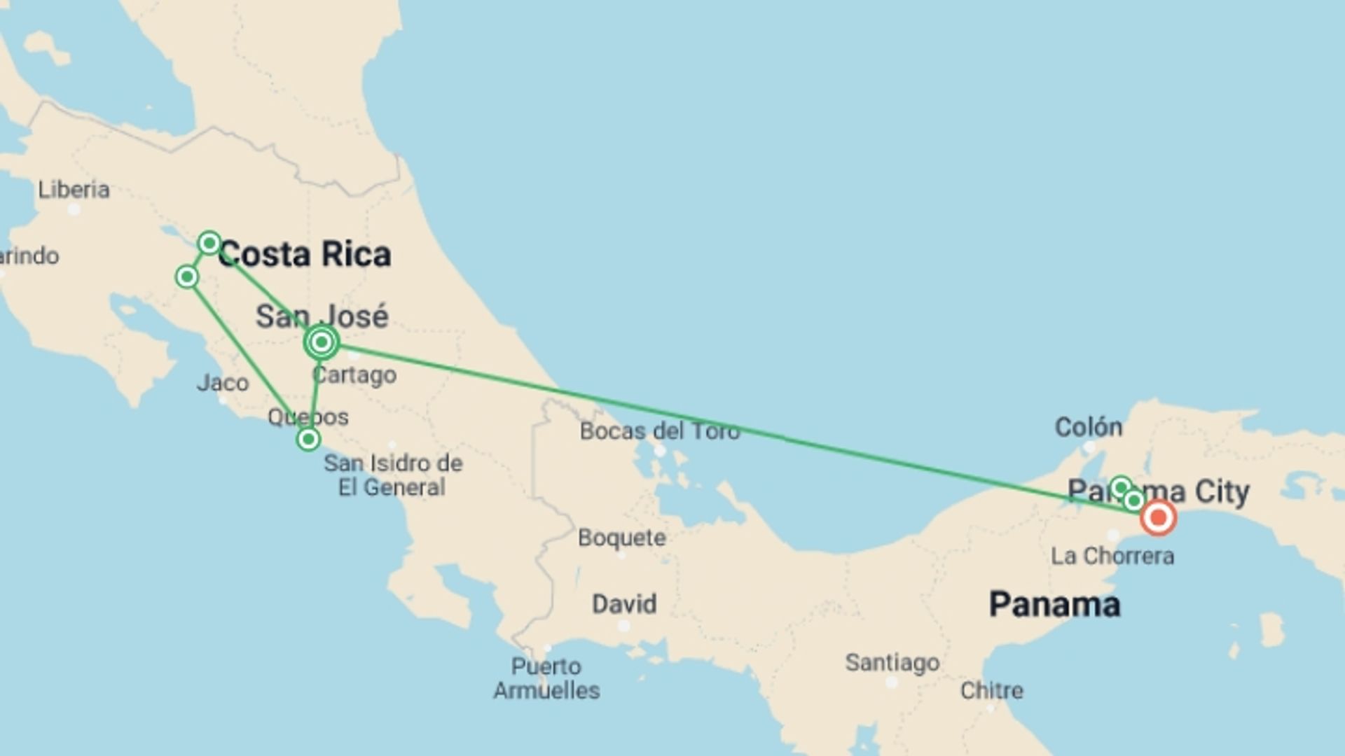 A map showing the tour itinerary for the trip: Treasures of Costa Rica and Panama, starting in San Jose, Costa Rica and ending in Panama City, Panama going through 5 other destinations.
