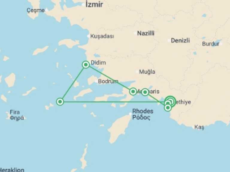 Map of Europe Tour with 7 destination visits for the trip: Turkey: Sail & Swim
