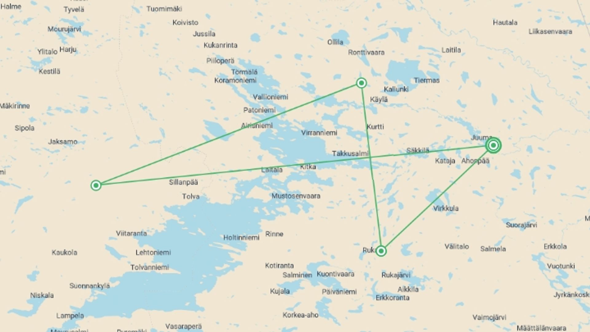 A map showing the tour itinerary for the trip: Finland Family Winter Adventure, starting in Basecamp Oulanka, Finland and ending in Basecamp Oulanka, Finland going through 4 other destinations.