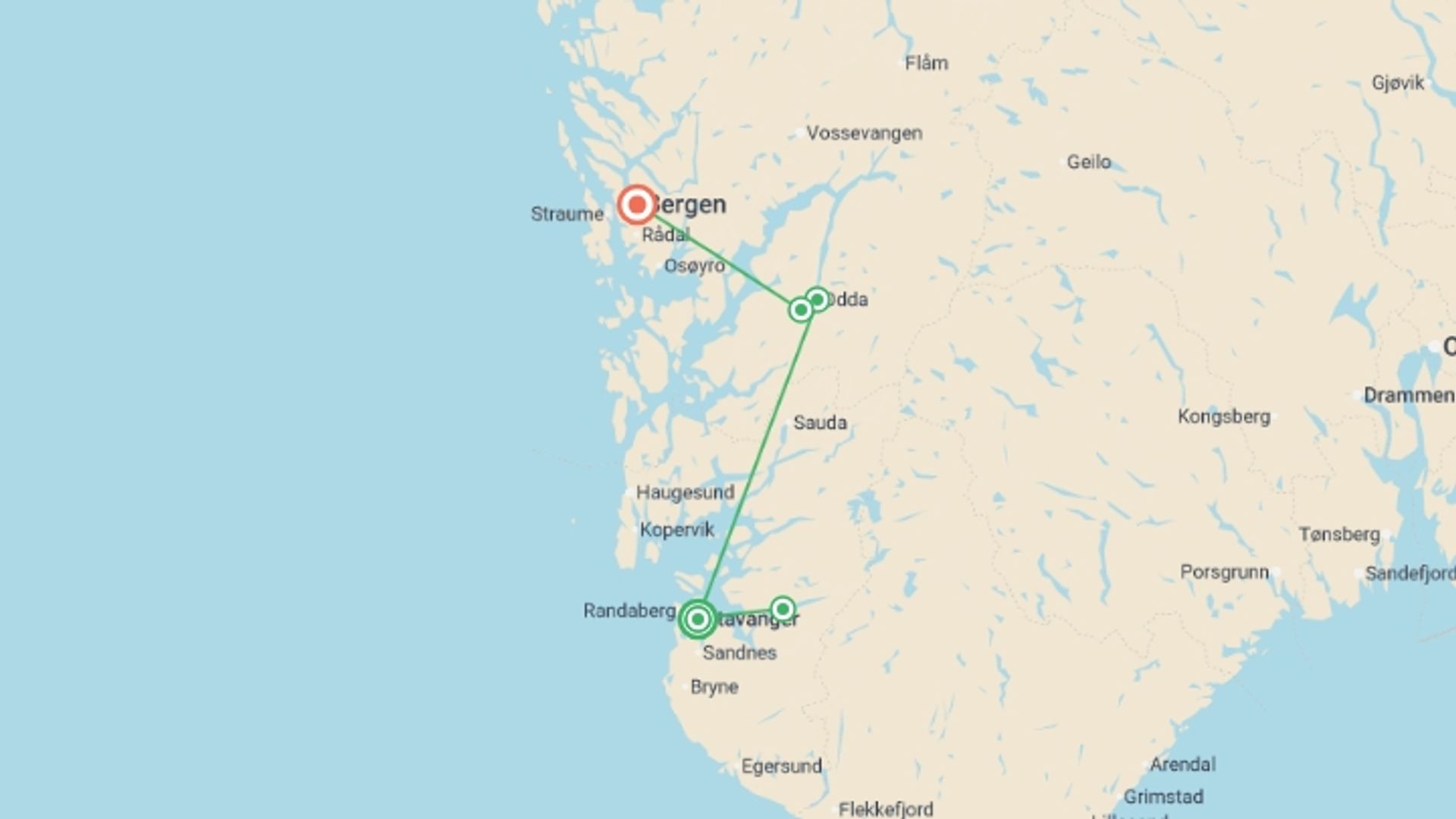 A map showing the tour itinerary for the trip: Walking the Fjords of Southern Norway, starting in Stavanger, Norway and ending in Bergen, Norway going through 3 other destinations.