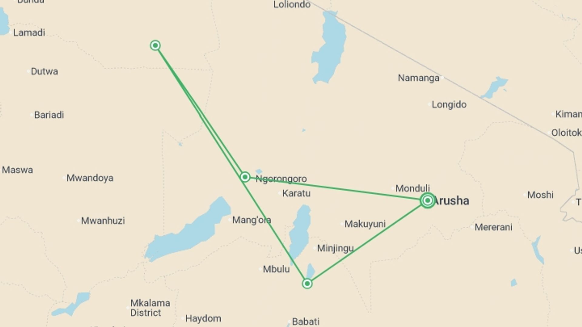 A map showing the tour itinerary for the trip: 5-Day Safari in Tarangire, Serengeti,Ngoro &Manyara Group, starting in Arusha, Tanzania and ending in Arusha, Tanzania going through 4 other destinations.
