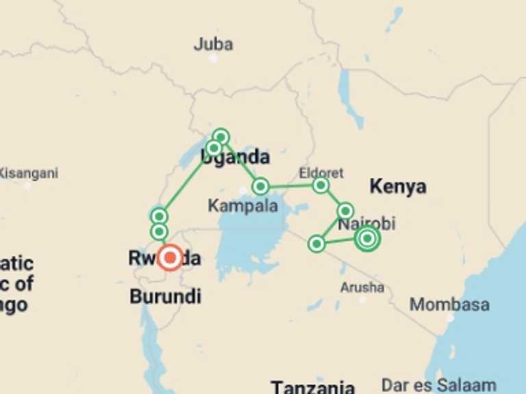 Map of Africa Wildlife safaris and game drives Tour with 10 destination visits for the trip: Gorillas & Masai Mara - Camping