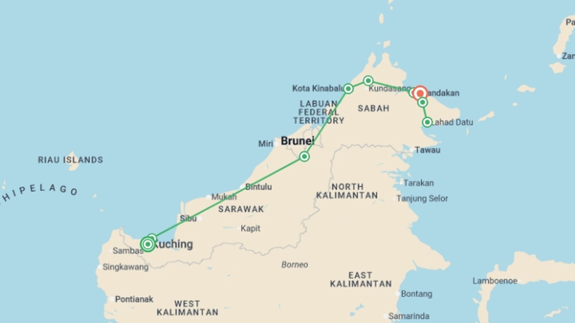 A map showing the tour itinerary for the trip: Borneo Wildlife Discoverer, starting in Kuching, Malaysia and ending in Sandakan, Malaysia going through 7 other destinations.