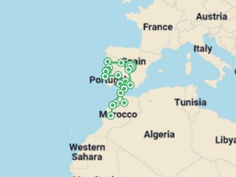 Map itinerary of Morocco Tour in August 2026 with 12 destination visits for the trip: Madrid to Portugal, Andalucia & Morocco (Superior) - 18 days