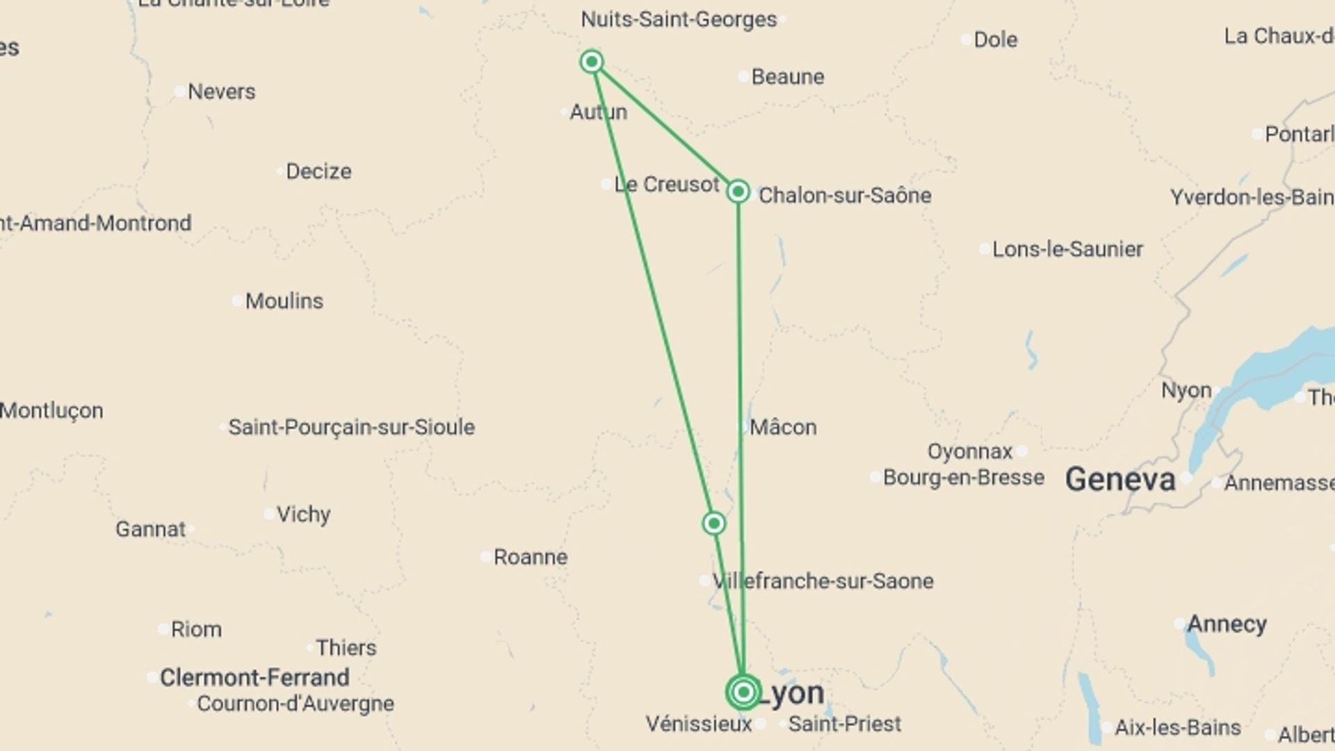 A map showing the tour itinerary for the trip: Exceptional Wine Tasting Cruise in Burgundy: Beaujolais Nouveau (port-to-port cruise), starting in Lyon, France and ending in Lyon, France going through 3 other destinations.