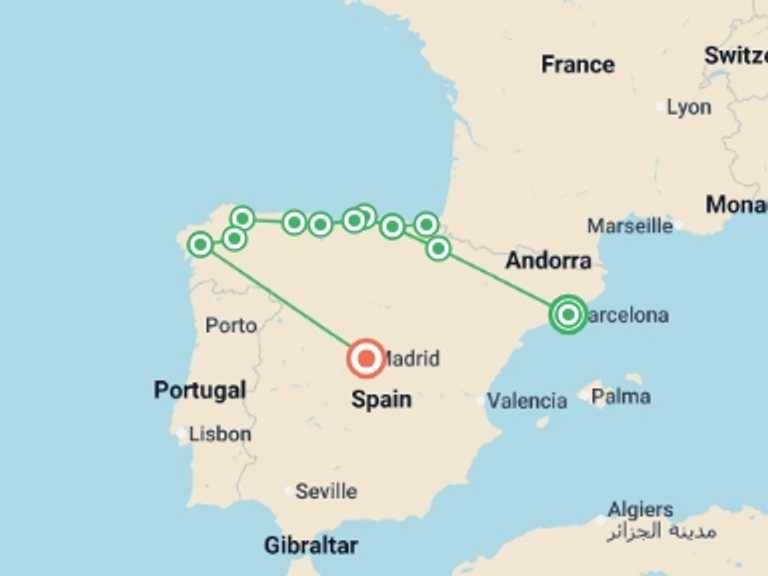 Map of 10-Day Madrid Tour with 6 destination visits for the trip: Barcelona & Northern Spain to Madrid - 10 days