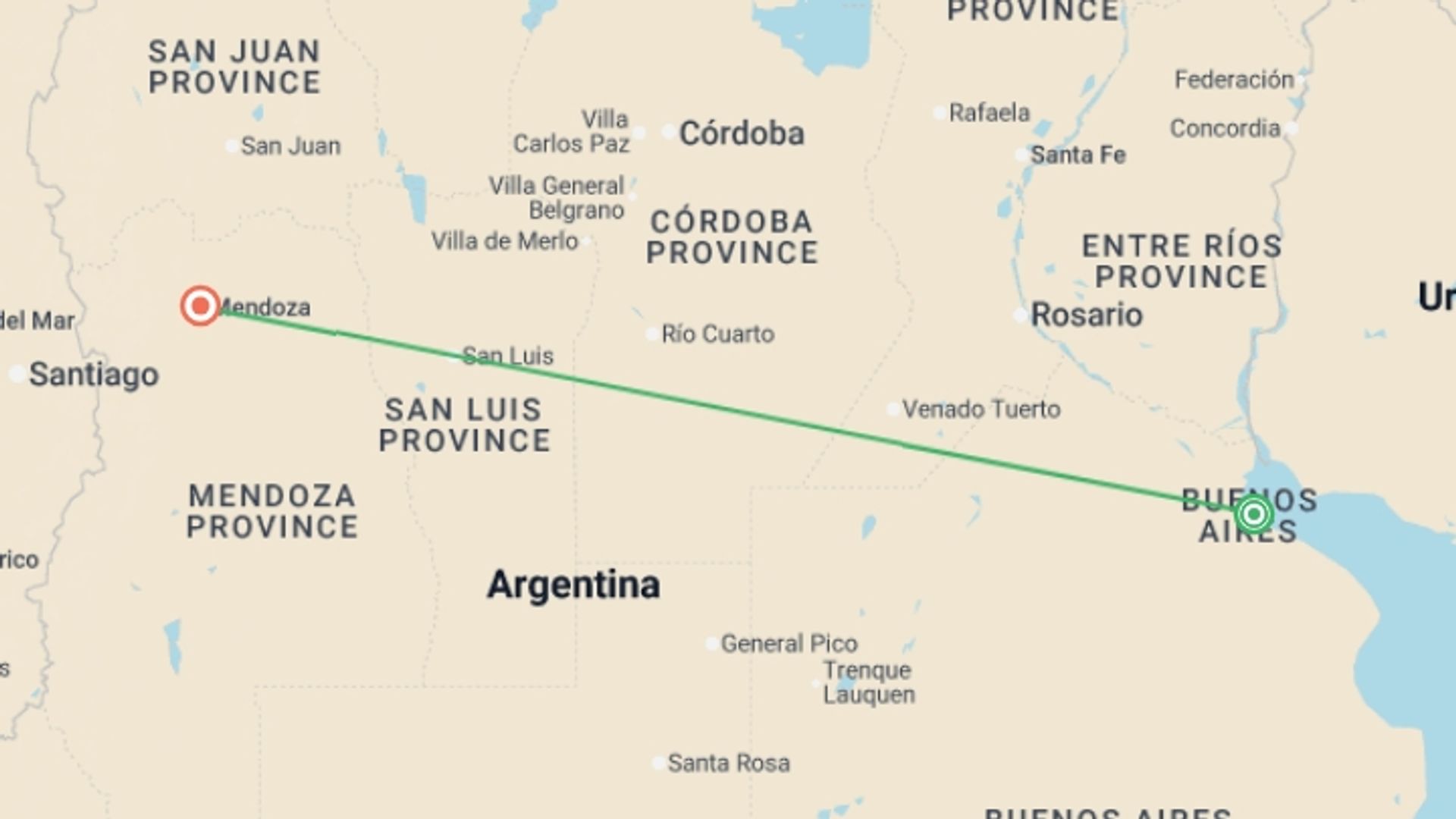 A map showing the tour itinerary for the trip: 7-day Buenos Aires & Mendoza Experience, starting in Buenos Aires, Argentina and ending in Mendoza, Argentina going through 0 other destinations.