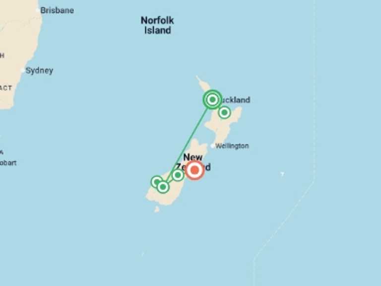 Map of Oceania City sightseeing Tour with 6 destination visits for the trip: Contrasts Of New Zealand